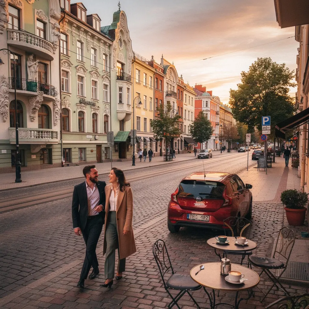 A cozy rental car parked at a scenic viewpoint overlooking a tranquil lake, symbolizing the perfect stop on a road trip through Latvia.